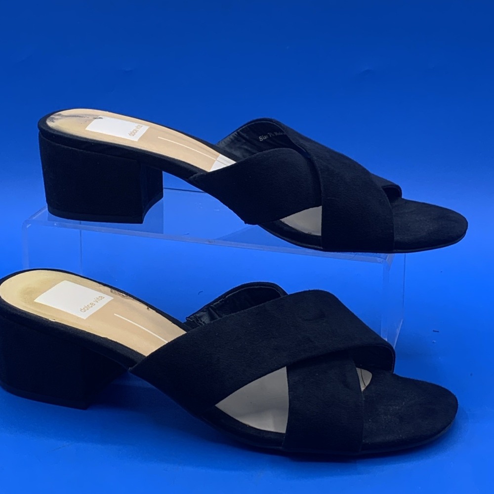 DOLCE VITA Ferne Black Cross Faux Suede Block Sandals Women's Size 7.5